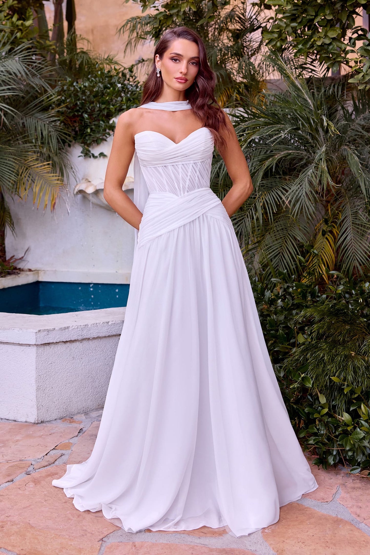 Kimberly Gown Off-White Chiffon A- Dress With Scarf