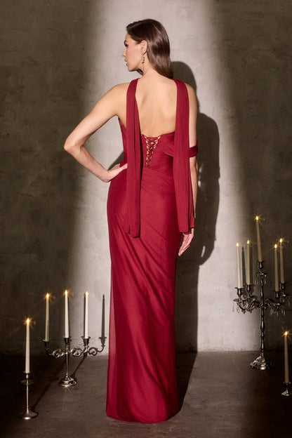 Indira Gown Pleated Chiffon Dress with Scarf