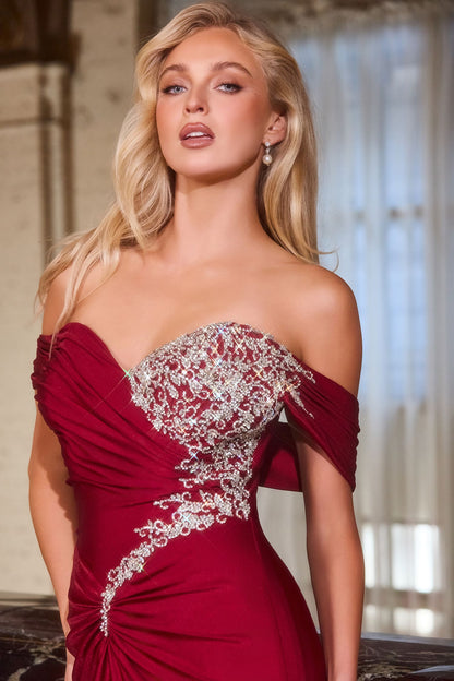 Gadot Gown Off-the-Shoulder Crystal Satin Dress