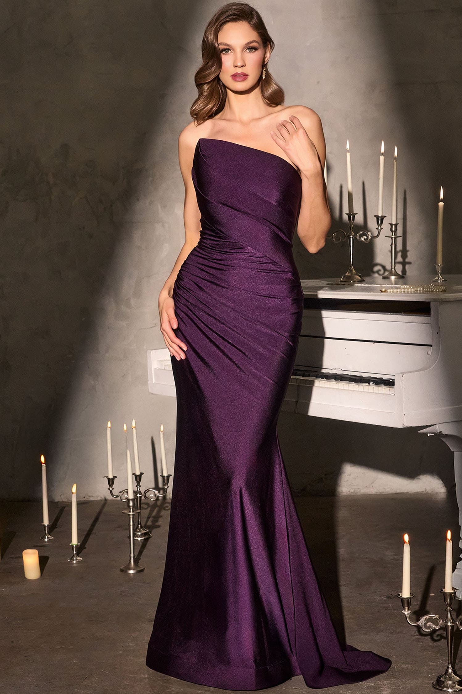 MARCIE GOWN STRETCH SATIN STRAPLESS FITTED DRESS