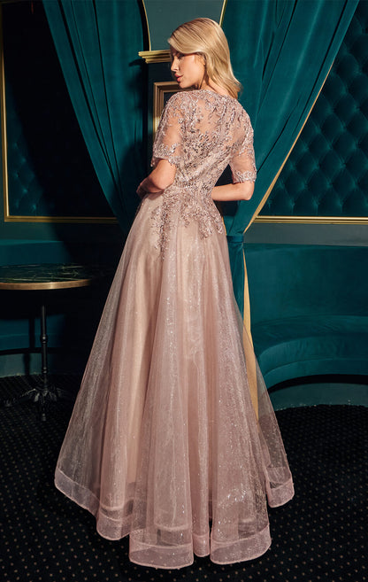 CLAUDIA GOWN SHORT SLEEVE A- GLITTER TULLE DRESS