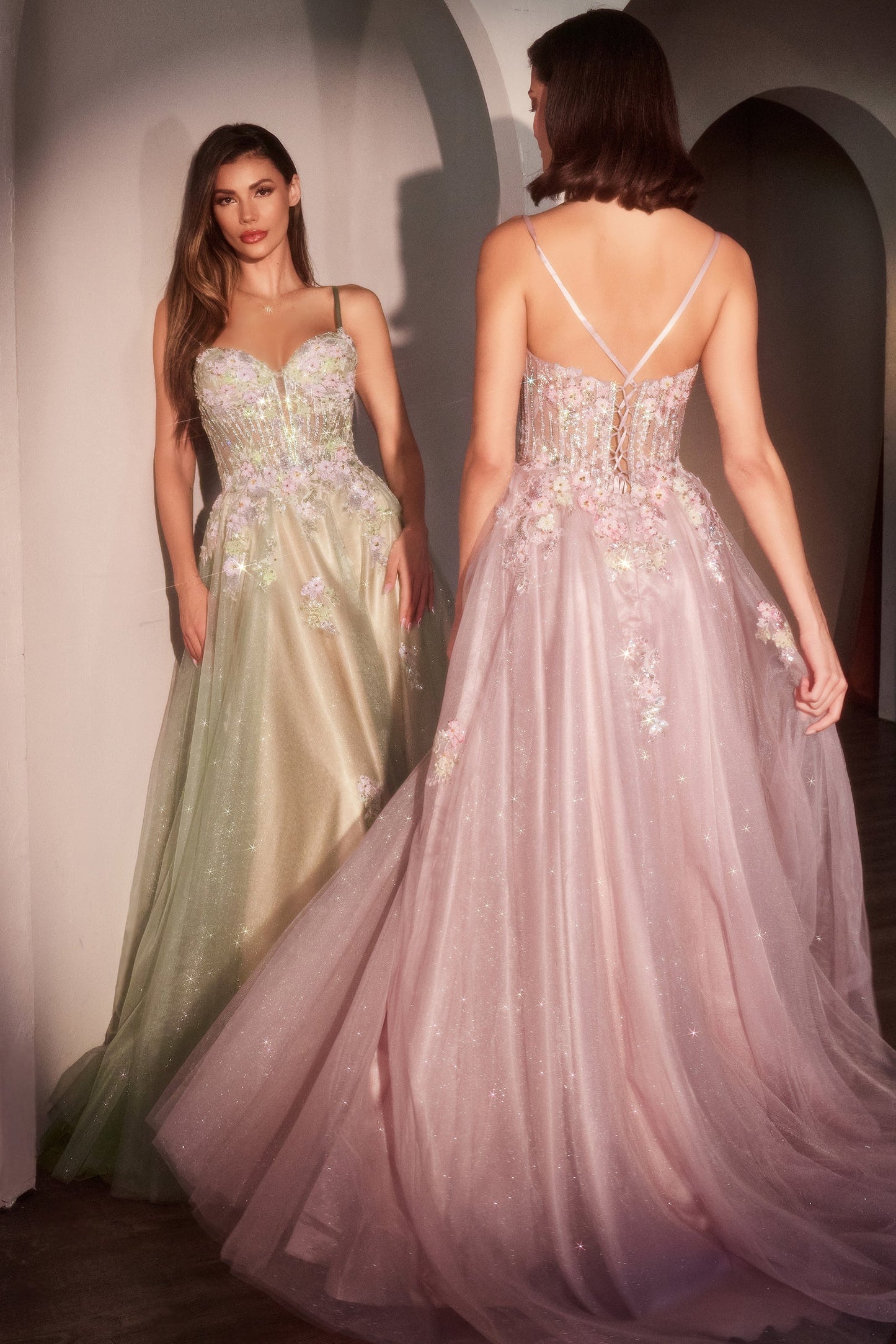 MEADOW GOWN FLORAL A- GLITTER TULLE DRESS