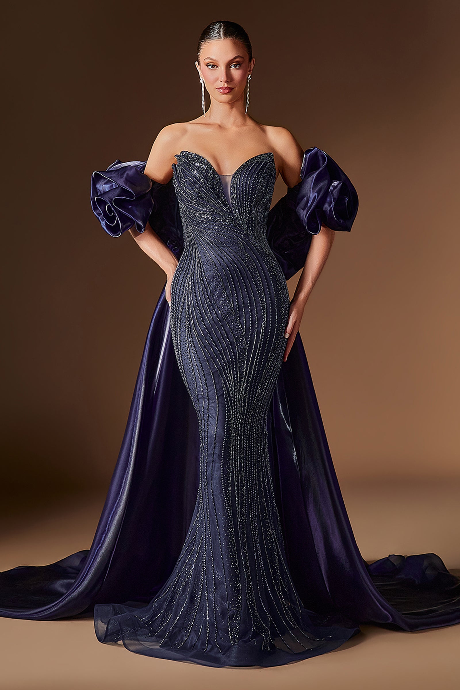 Constantina Gown Mermaid Gown with Puff Sleeves & Overskirt