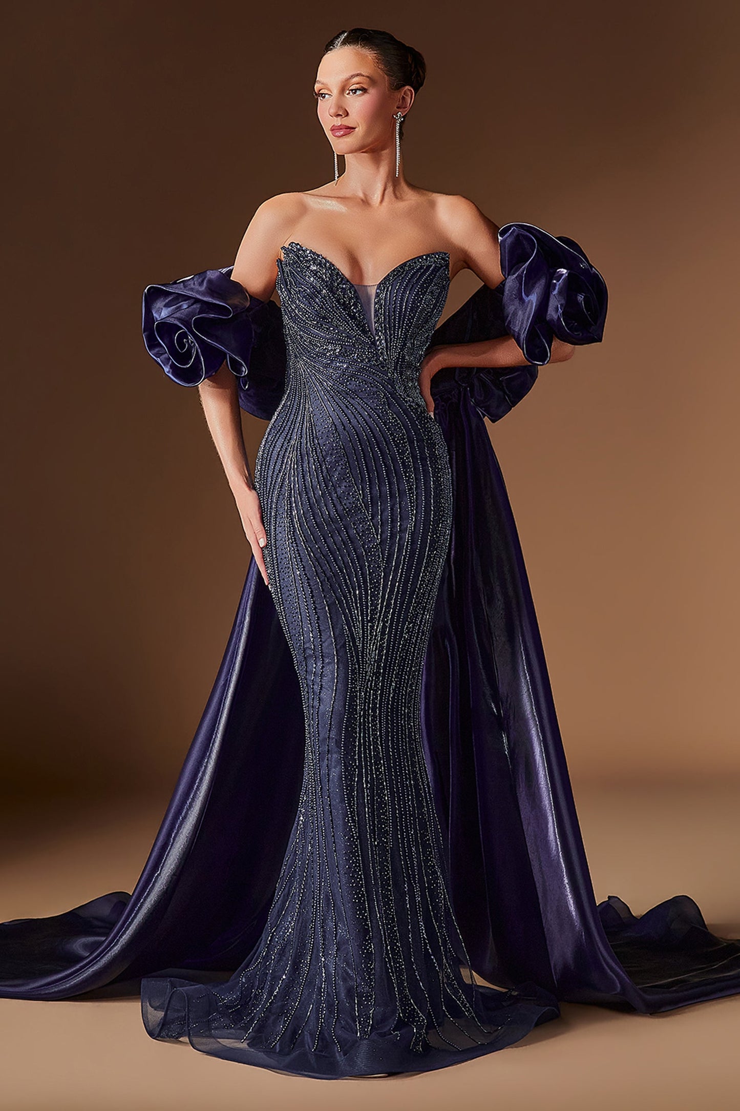 Constantina Gown Mermaid Gown with Puff Sleeves & Overskirt