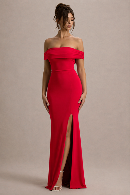Law of Attraction | Red Bardot Draped Split Maxi Dress
