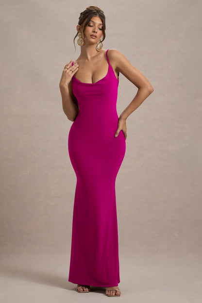 Francoise | Dark Pink Cowl Neck Backless Maxi Dress With Lace Insert
