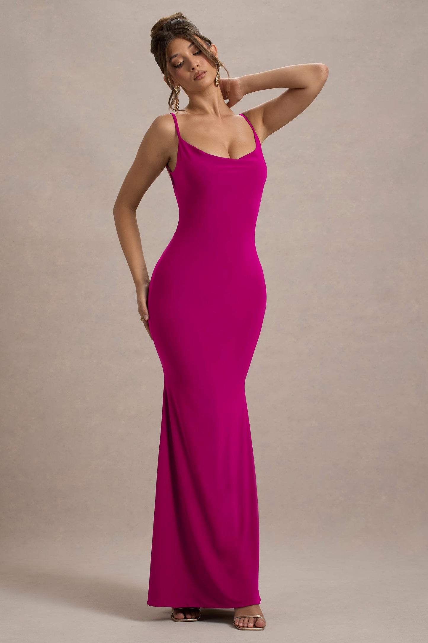 Francoise | Dark Pink Cowl Neck Backless Maxi Dress With Lace Insert