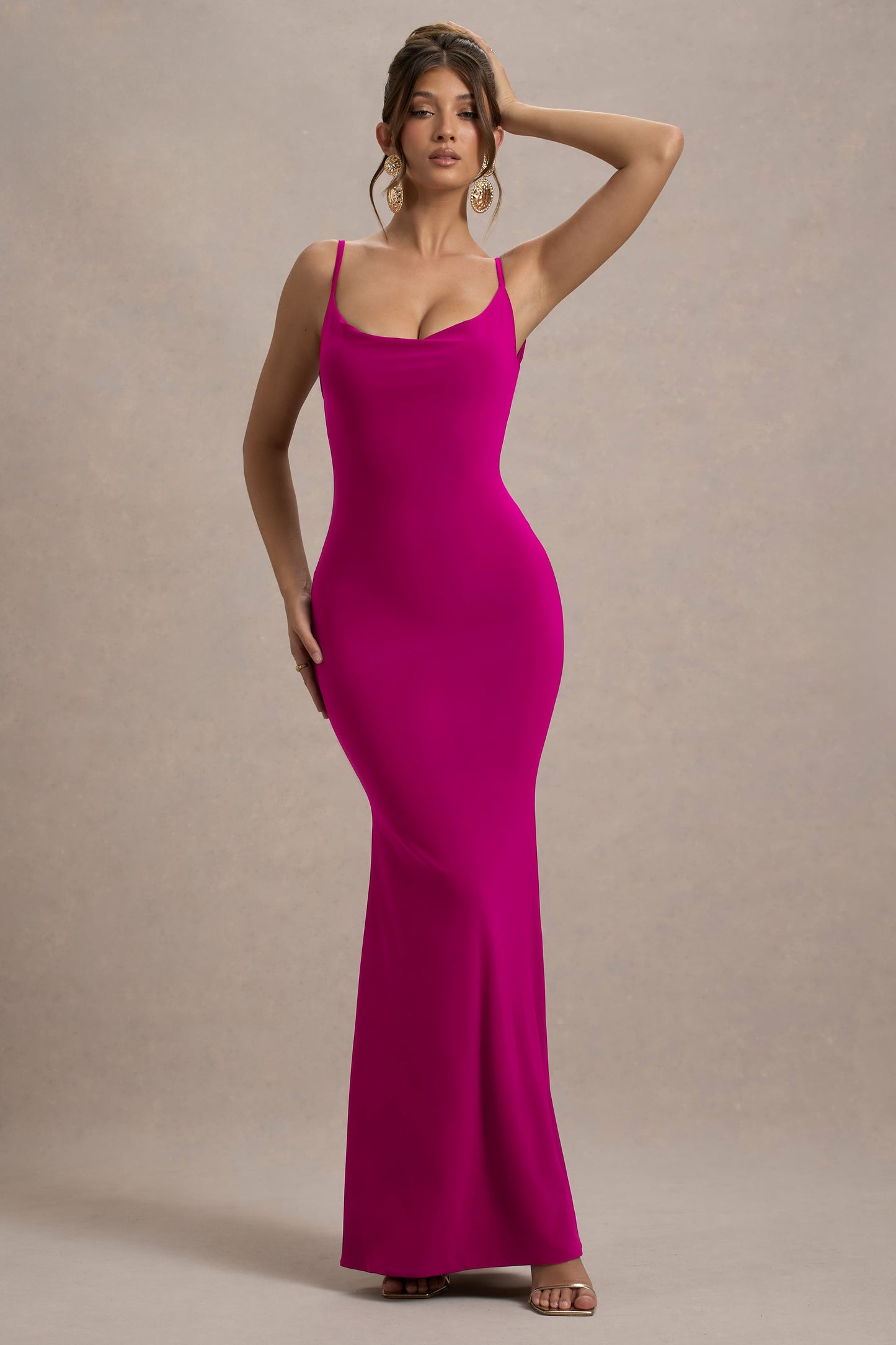 Francoise | Dark Pink Cowl Neck Backless Maxi Dress With Lace Insert