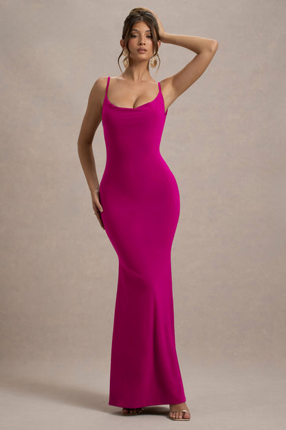 Francoise | Dark Pink Cowl Neck Backless Maxi Dress With Lace Insert