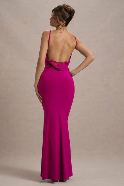Francoise | Dark Pink Cowl Neck Backless Maxi Dress With Lace Insert