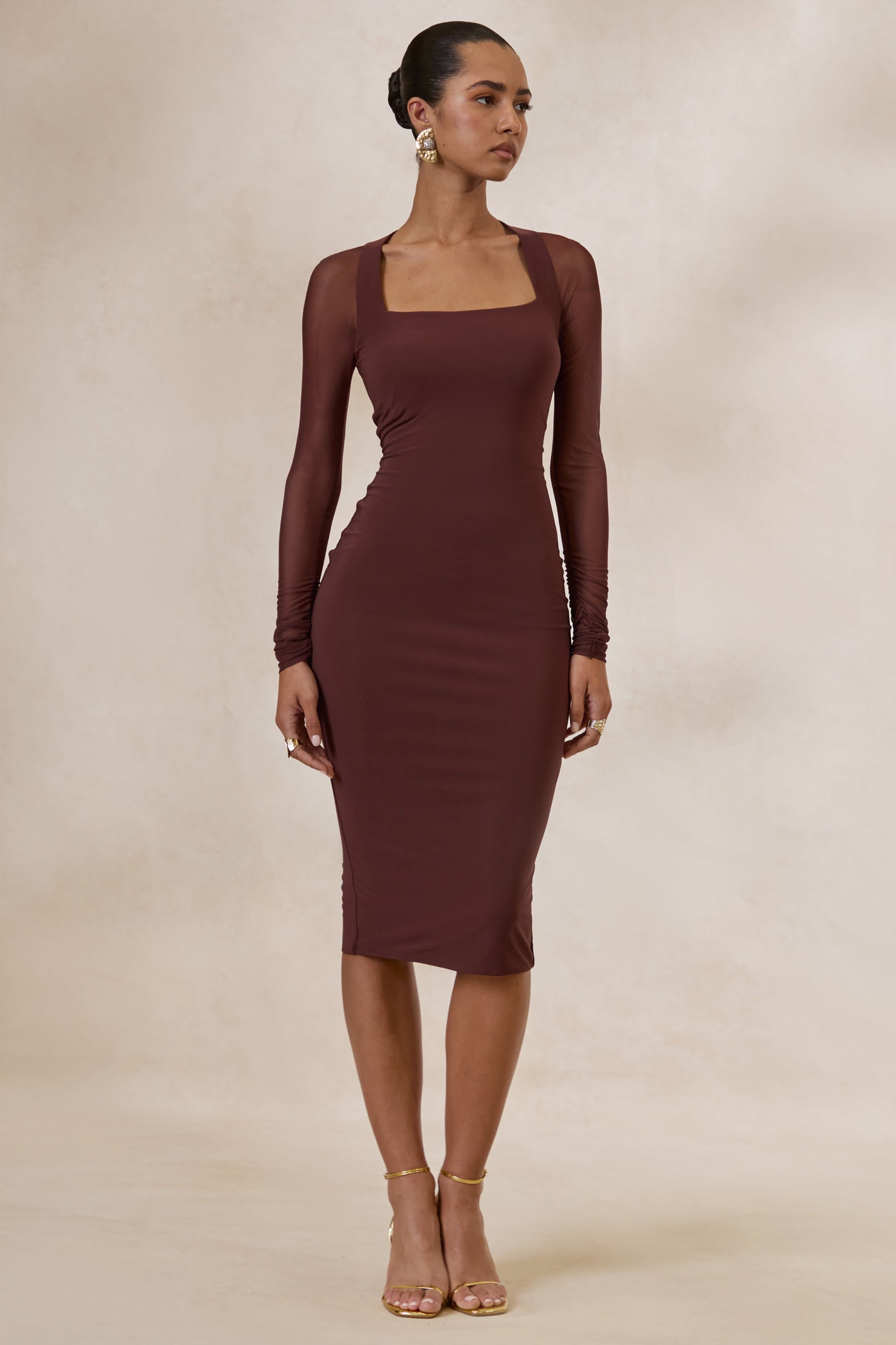 Off Track | Brown Bodycon Midi Dress With Sheer Sleeves