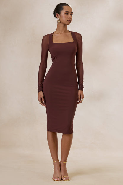 Off Track | Brown Bodycon Midi Dress With Sheer Sleeves