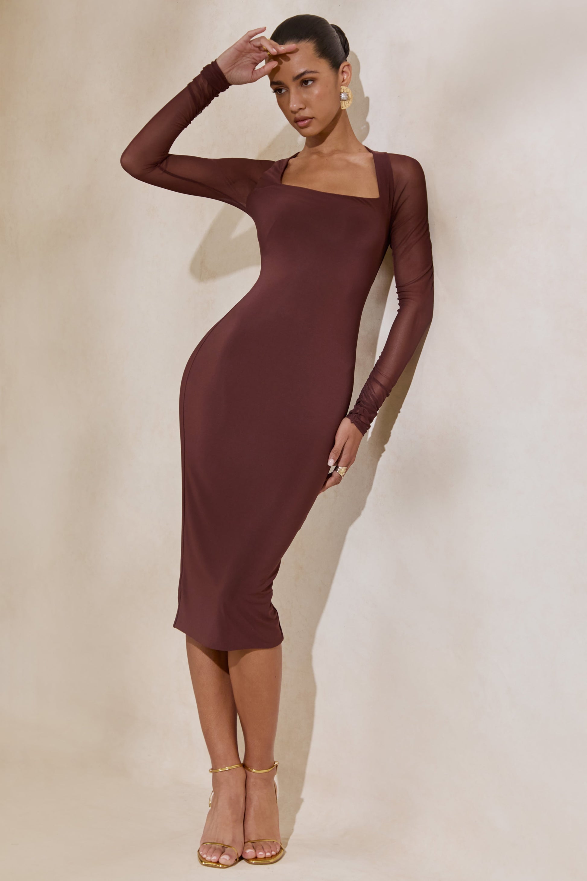 Off Track | Brown Bodycon Midi Dress With Sheer Sleeves