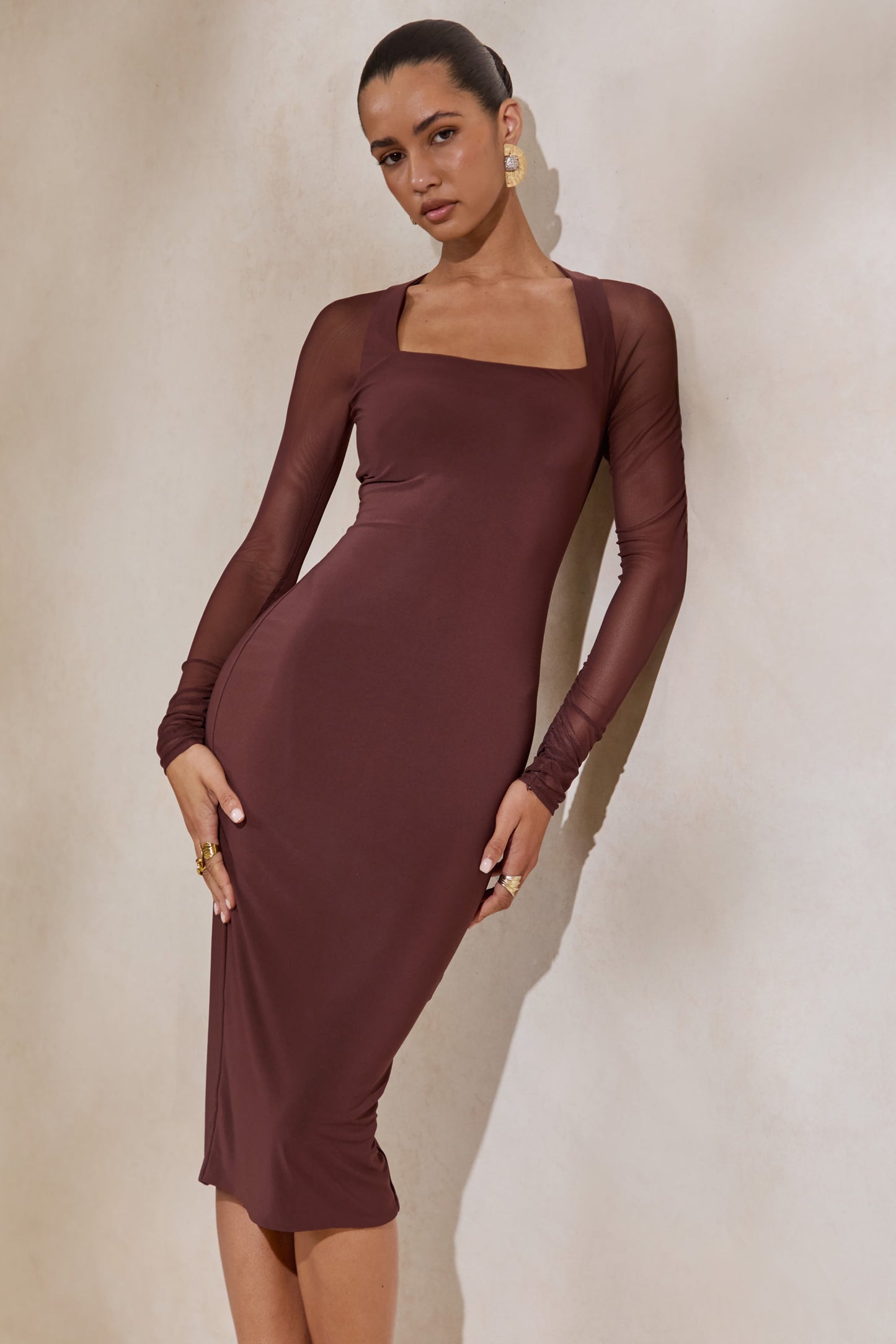 Off Track | Brown Bodycon Midi Dress With Sheer Sleeves