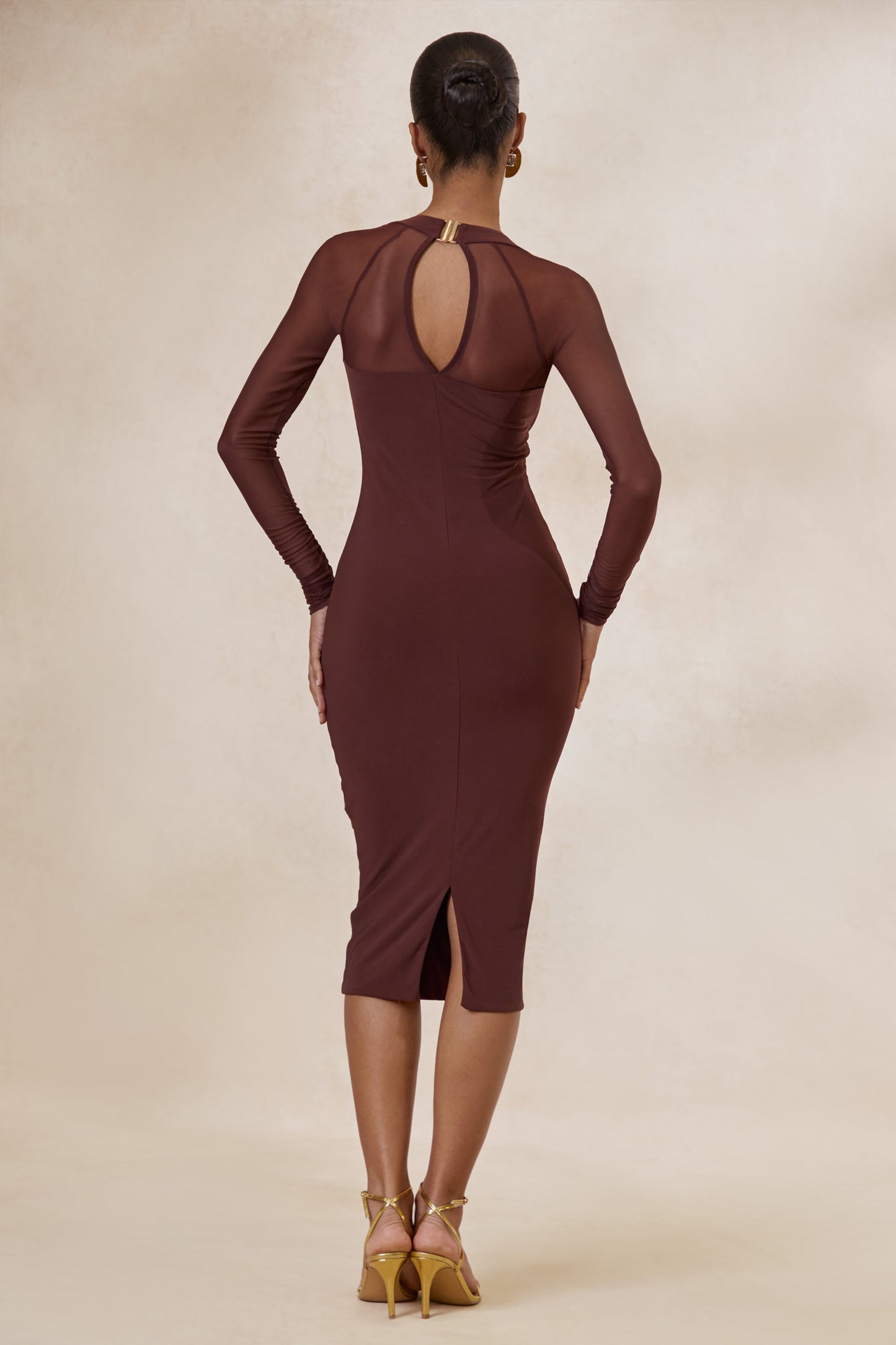 Off Track | Brown Bodycon Midi Dress With Sheer Sleeves