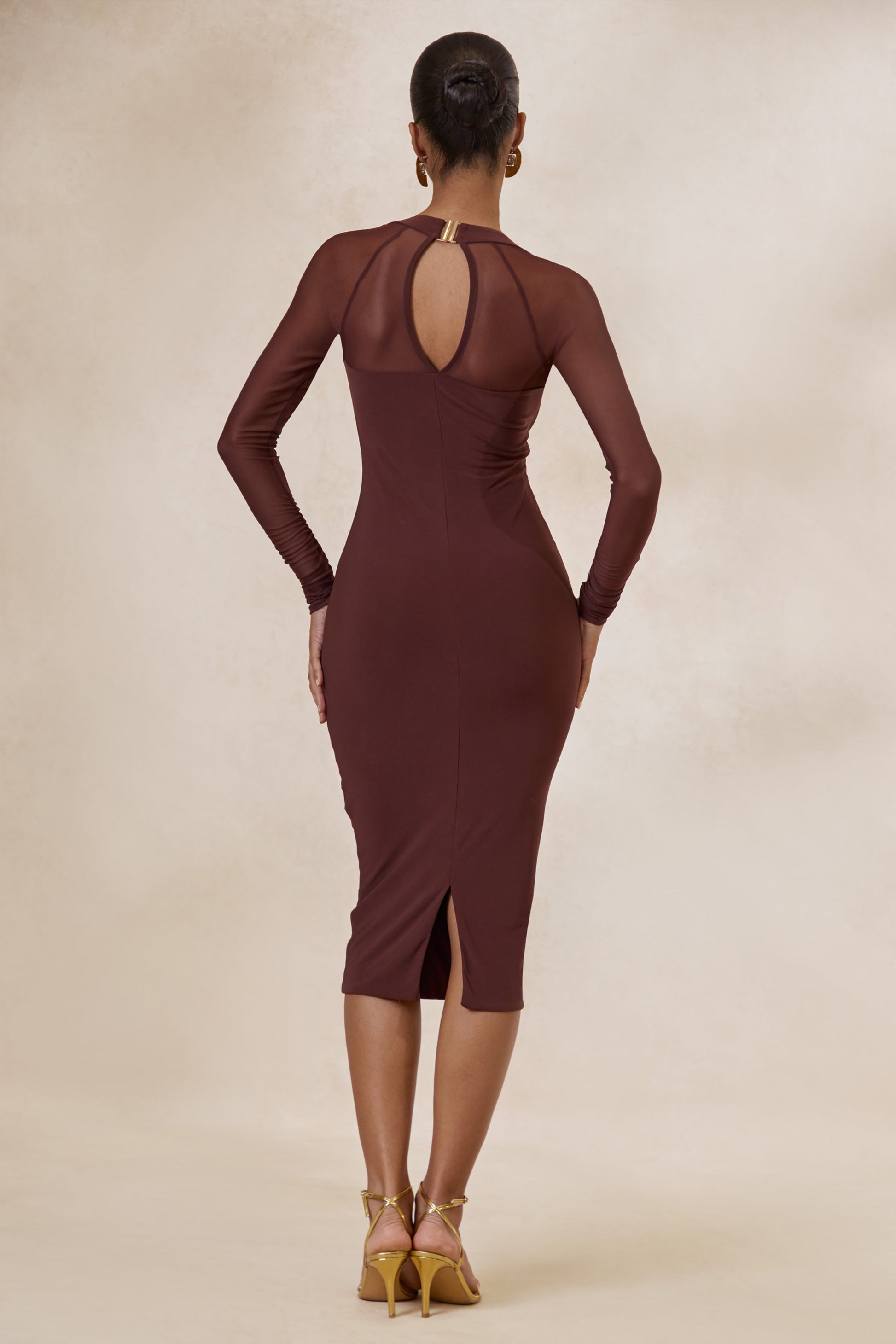 Off Track | Brown Bodycon Midi Dress With Sheer Sleeves