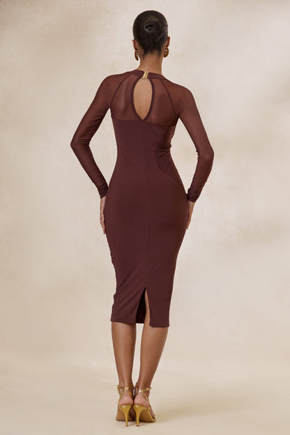 Off Track | Brown Bodycon Midi Dress With Sheer Sleeves