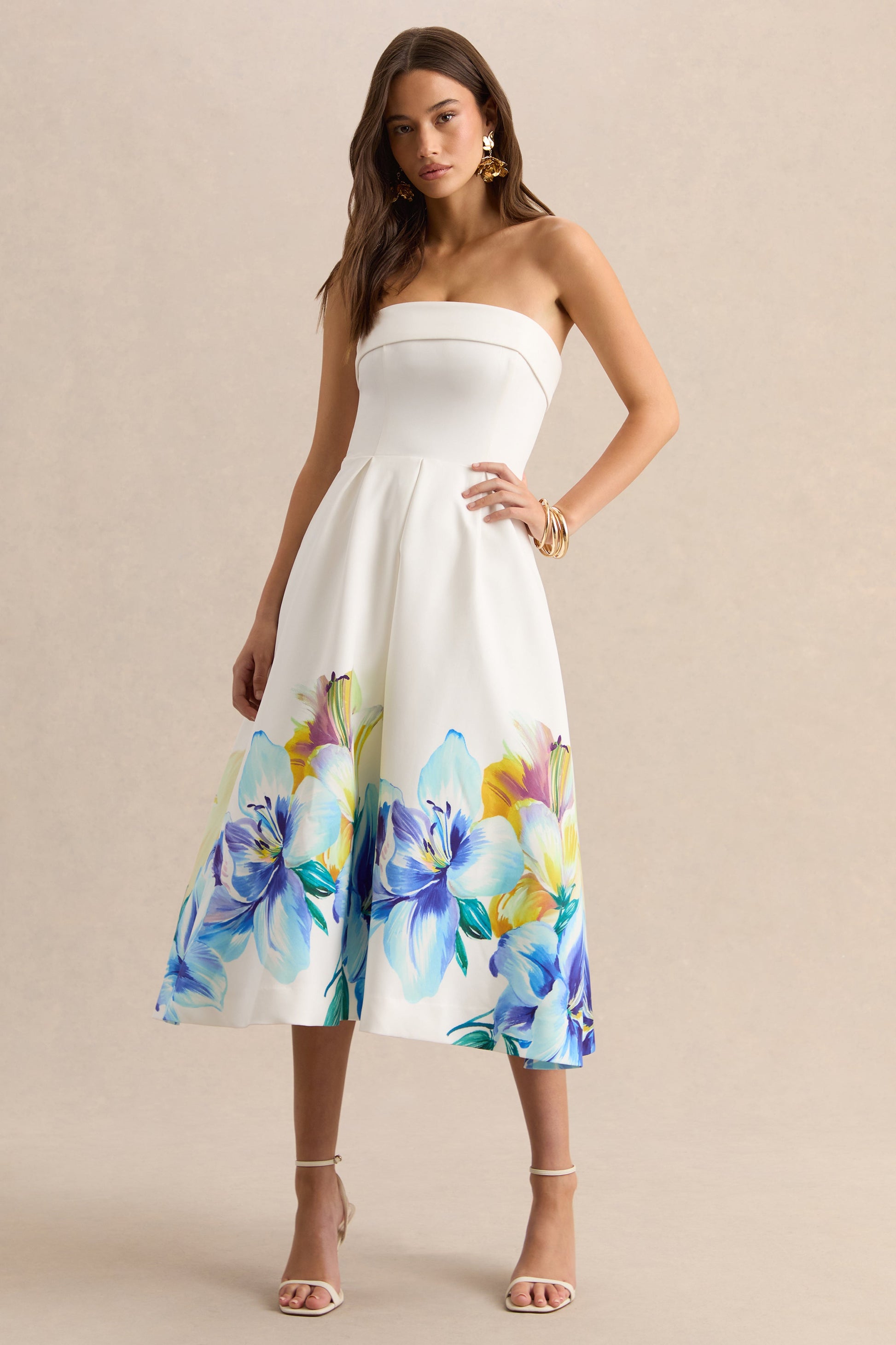 Annalise | Blue And Yellow Floral Border Print Bandeau Skater Midi Dress