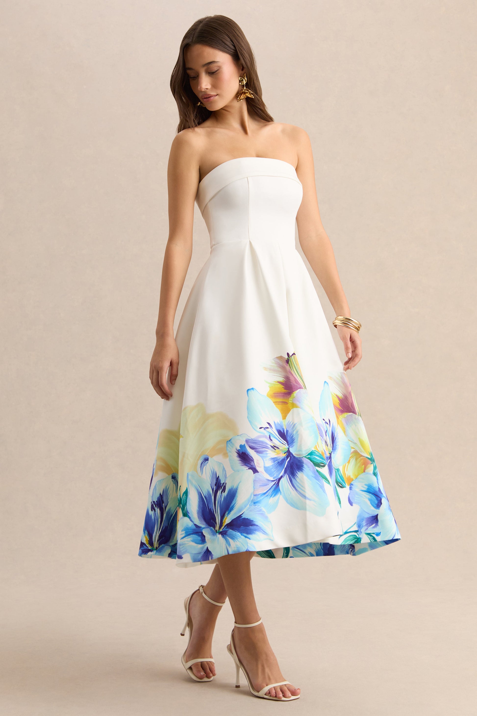 Annalise | Blue And Yellow Floral Border Print Bandeau Skater Midi Dress