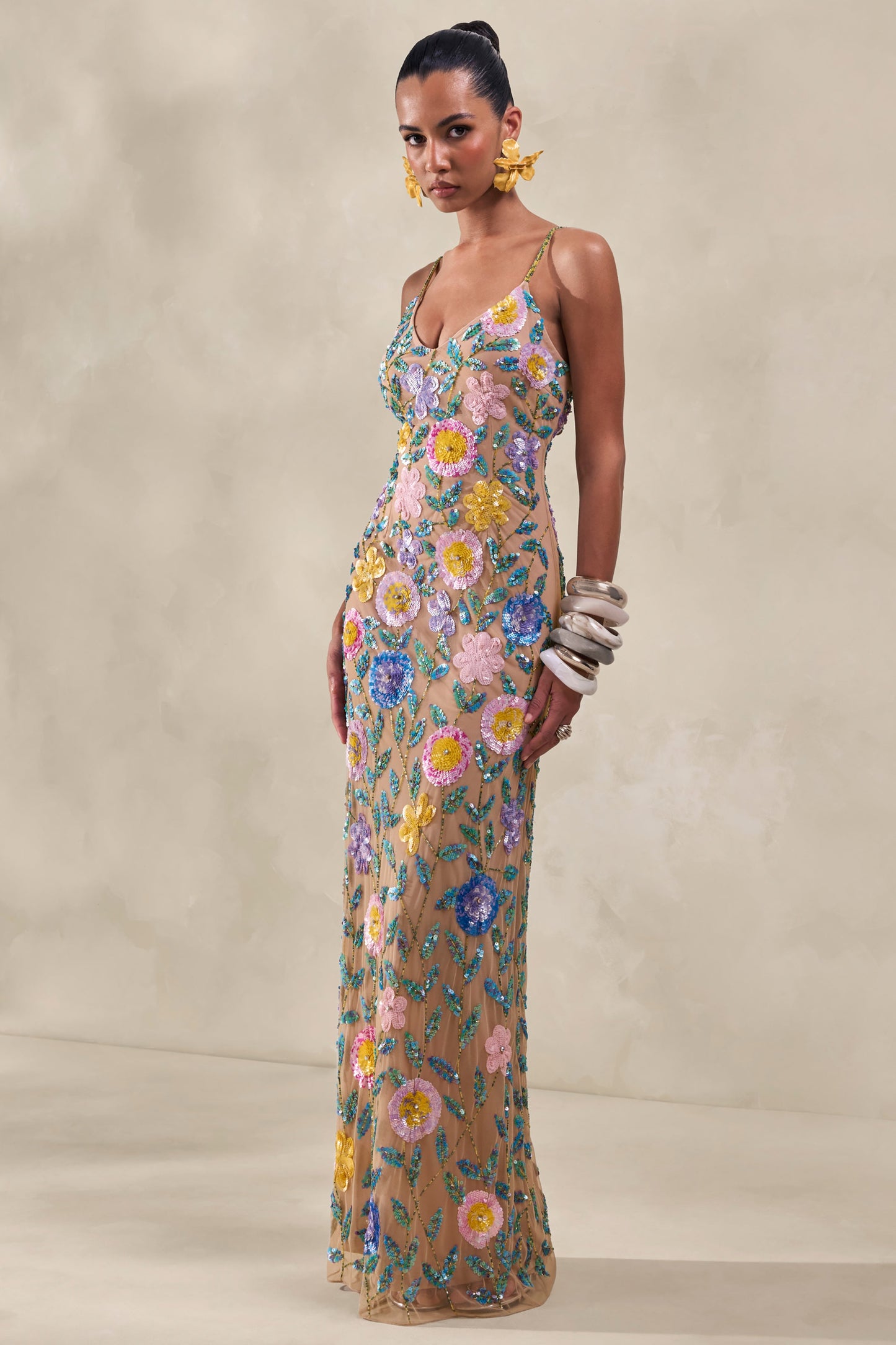 Gemini | Nude Floral Embellished Strappy Maxi Dress