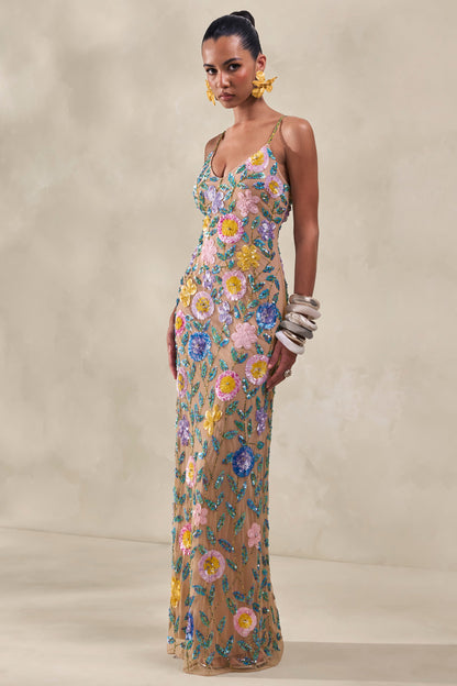 Gemini | Nude Floral Embellished Strappy Maxi Dress