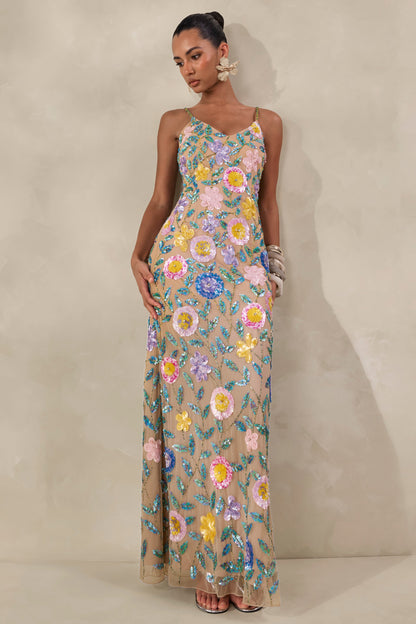Gemini | Nude Floral Embellished Strappy Maxi Dress