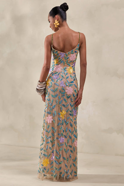 Gemini | Nude Floral Embellished Strappy Maxi Dress