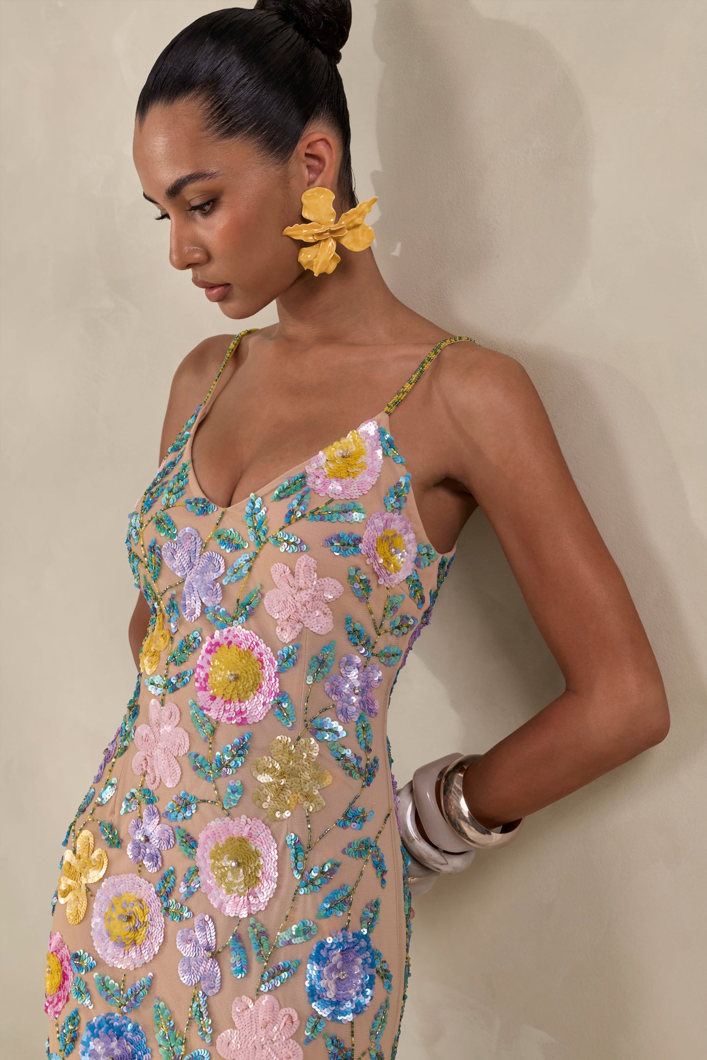 Gemini | Nude Floral Embellished Strappy Maxi Dress