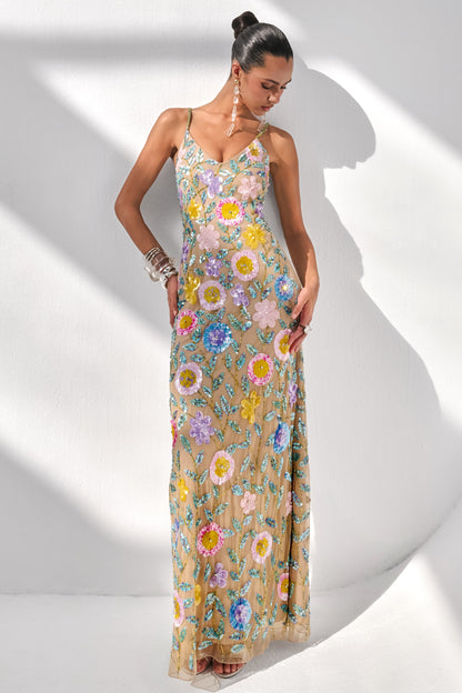 Gemini | Nude Floral Embellished Strappy Maxi Dress