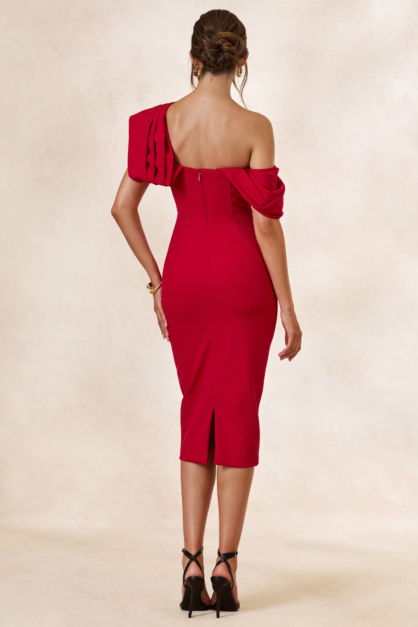 Adrina | Red Draped One Shoulder Midi Dress