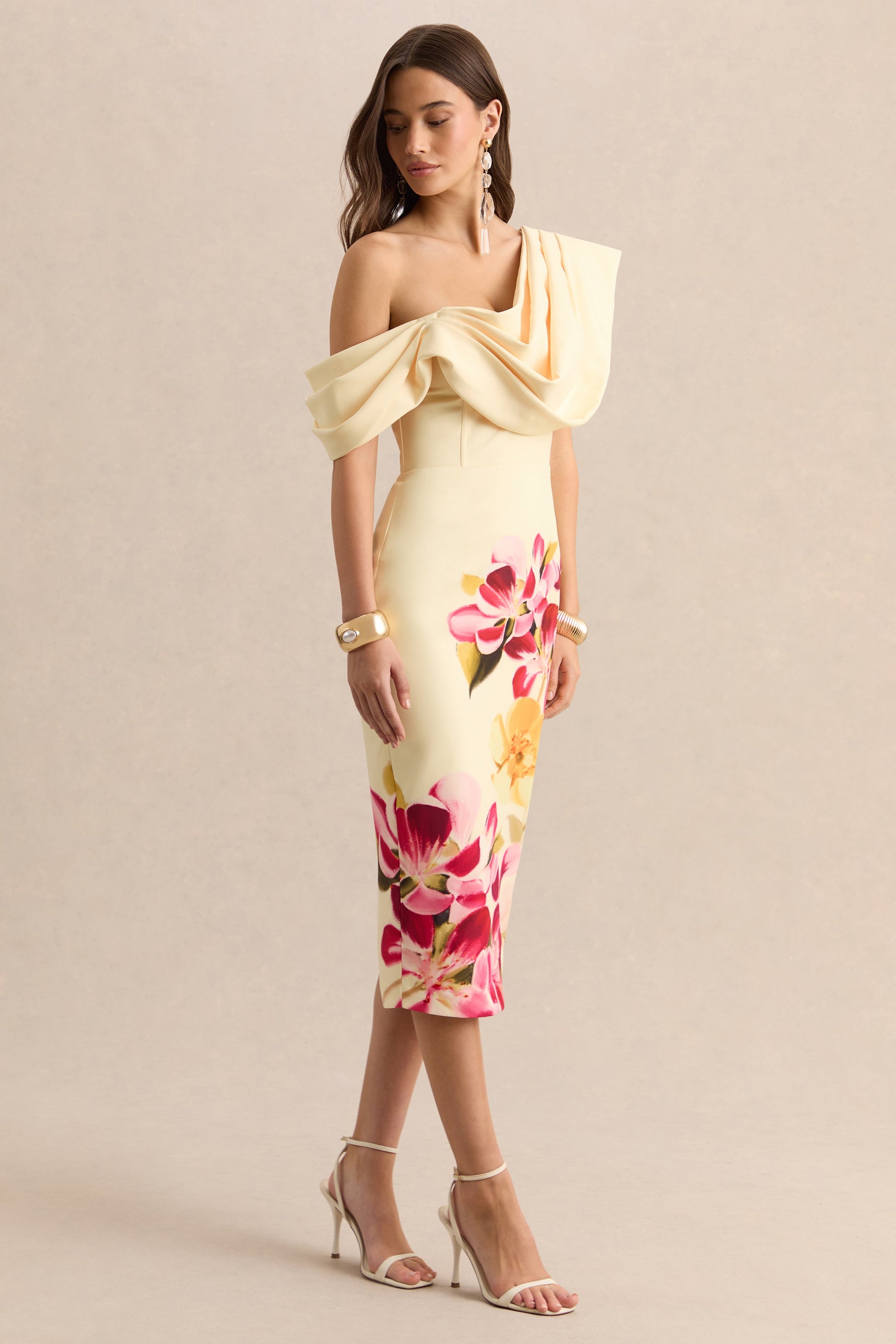 Adrina | Hot Pink & Lemon Floral Print Draped One Shoulder Midi Dress