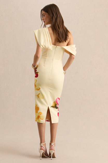 Adrina | Hot Pink & Lemon Floral Print Draped One Shoulder Midi Dress