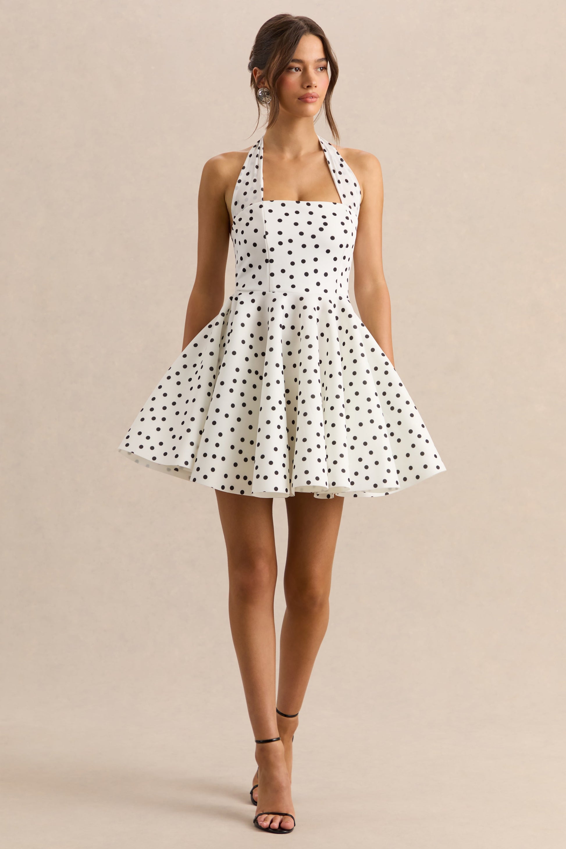 Peggy | White & Black Polka Dot Halter-Neck Skater Mini Dress