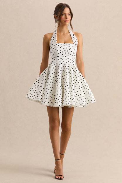 Peggy | White & Black Polka Dot Halter-Neck Skater Mini Dress