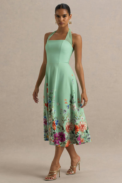 Auburn | Mint Placement Floral Halter Skater Midi Dress