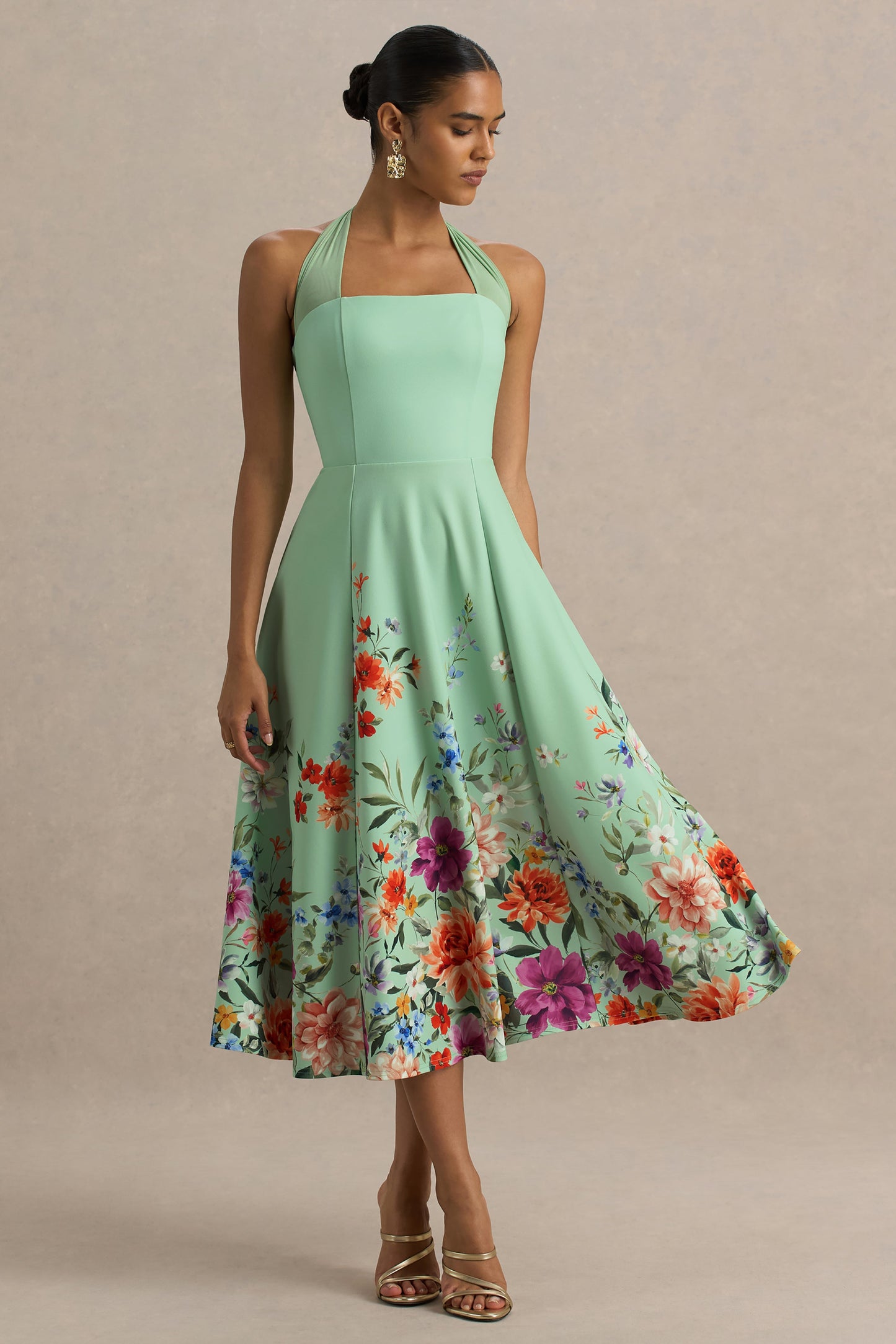 Auburn | Mint Placement Floral Halter Skater Midi Dress