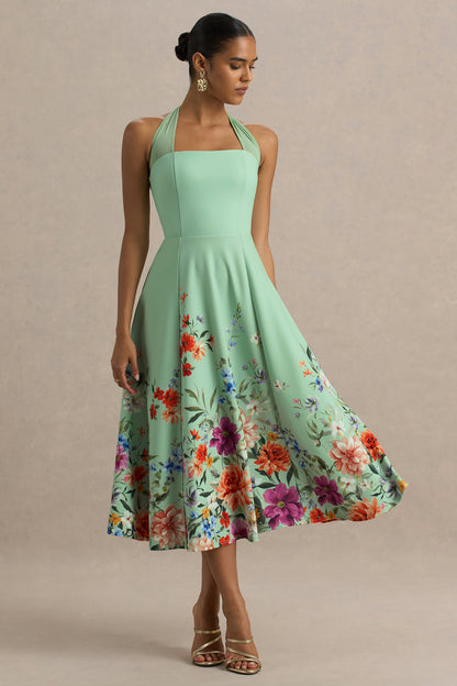 Auburn | Mint Placement Floral Halter Skater Midi Dress