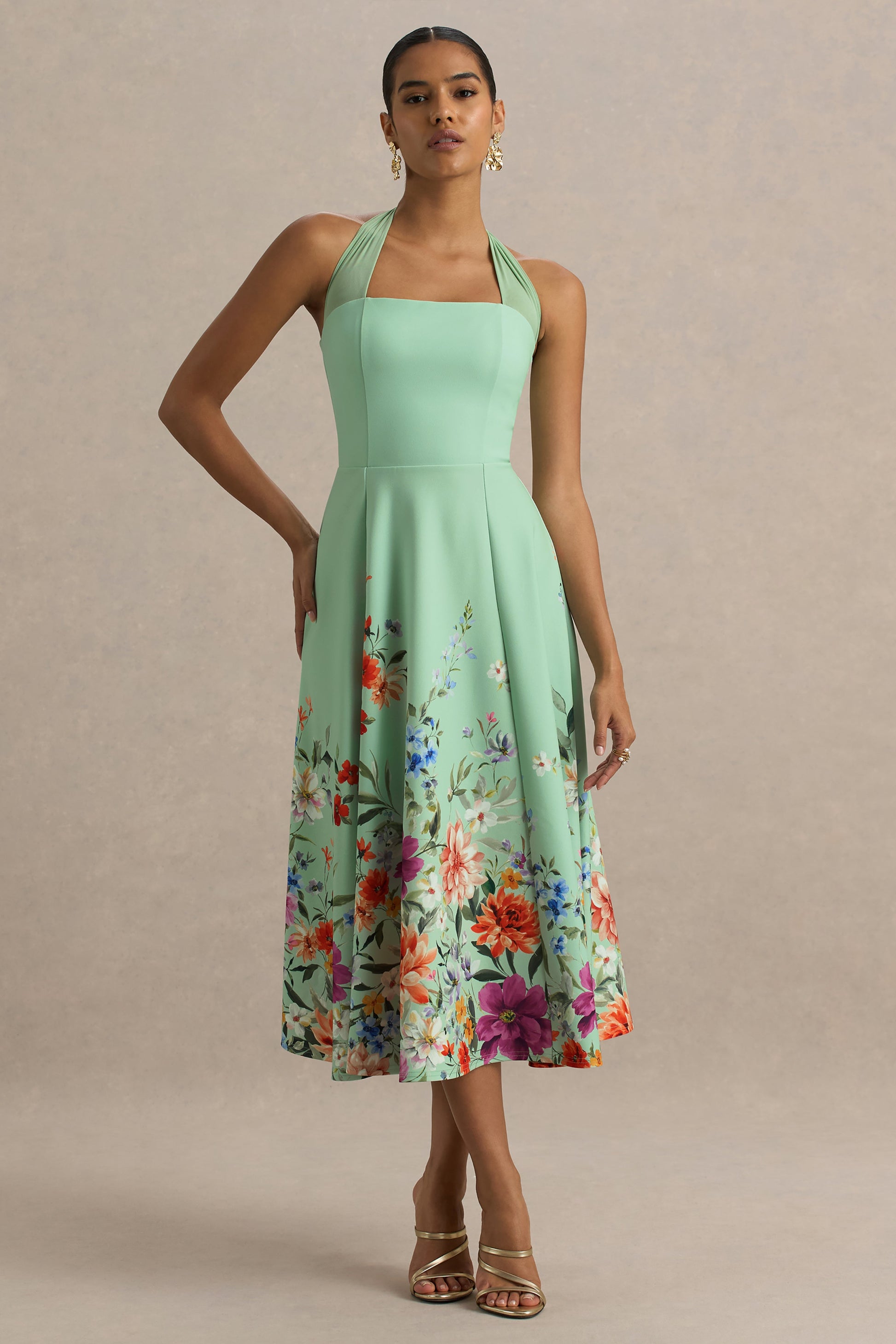 Auburn | Mint Placement Floral Halter Skater Midi Dress