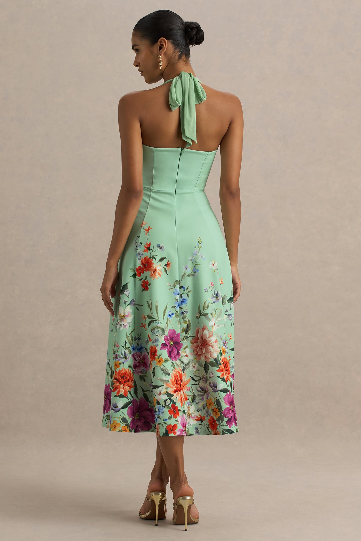 Auburn | Mint Placement Floral Halter Skater Midi Dress