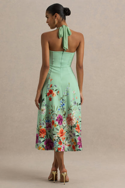 Auburn | Mint Placement Floral Halter Skater Midi Dress
