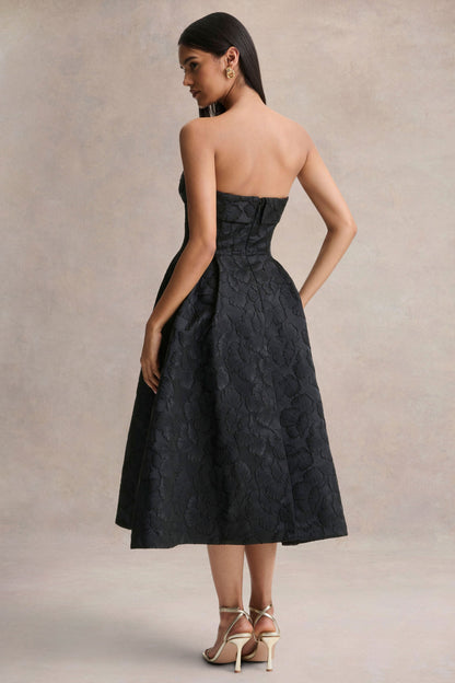 Zuma | Black Metallic Jacquard Strapless Midi Dress