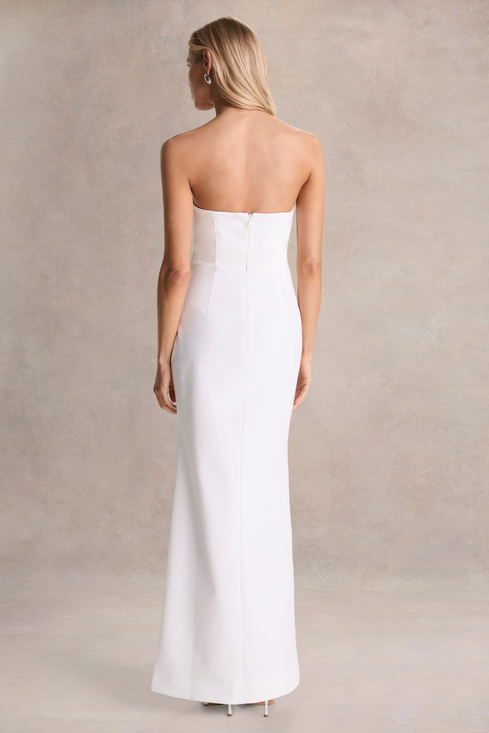 Dreamy Whispers | Cream Strapless Ruffle Split Maxi Dress