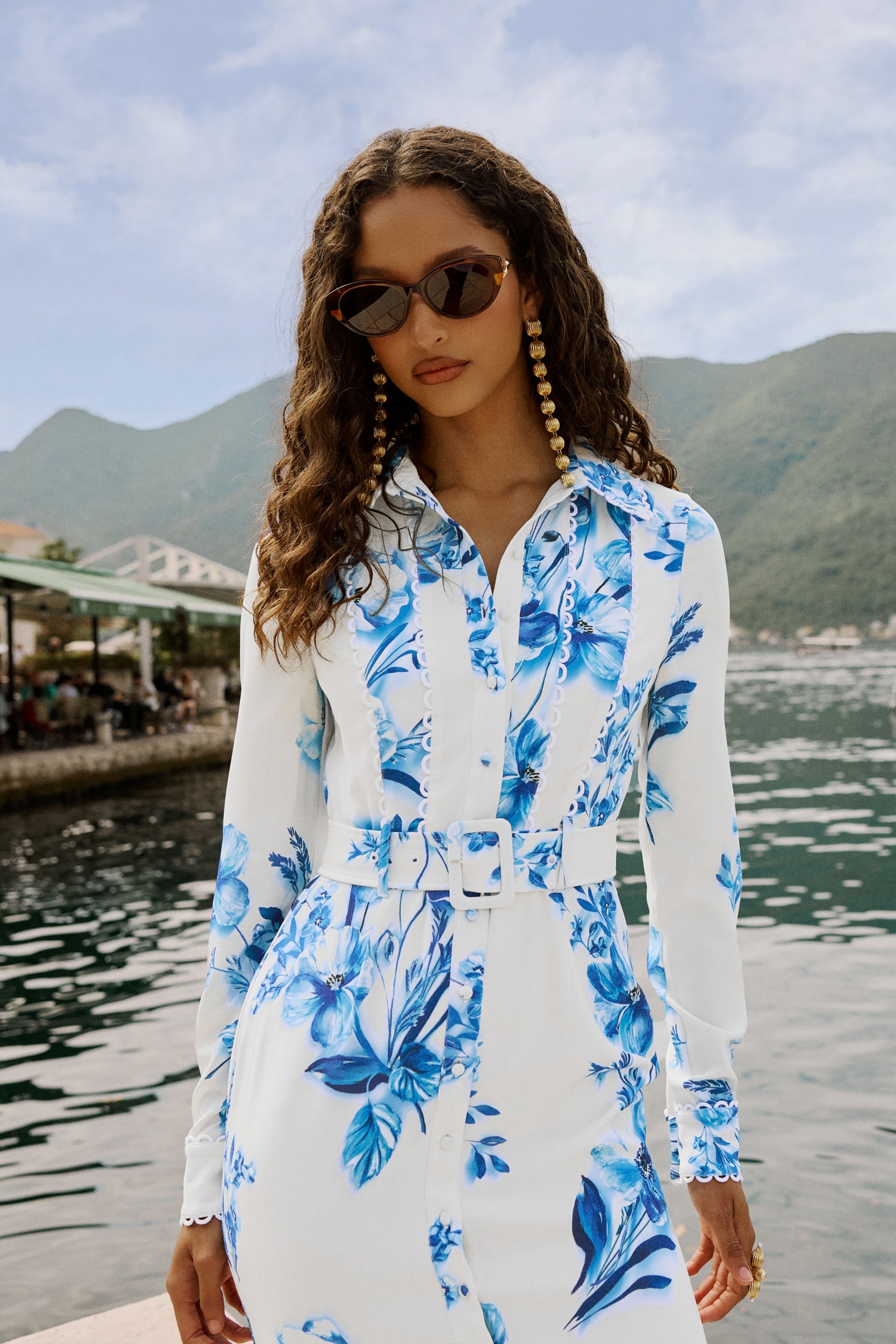 Zephy | Blue Floral Print Belted Shirt Midi Dress