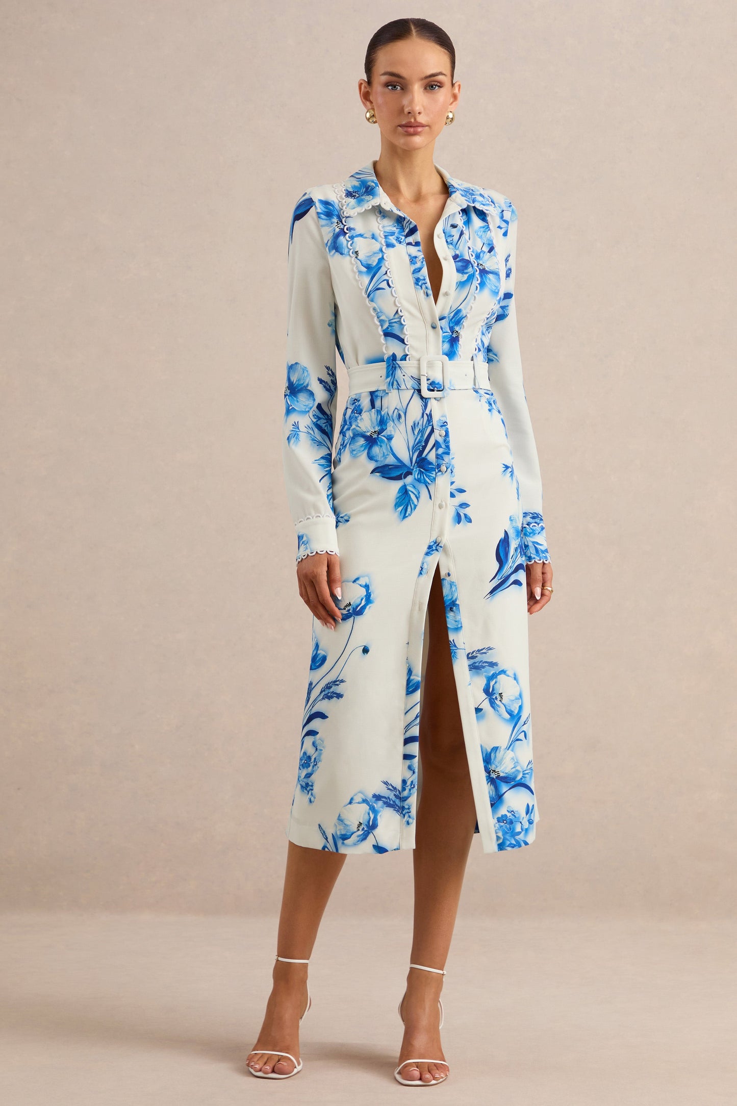 Zephy | Blue Floral Print Belted Shirt Midi Dress