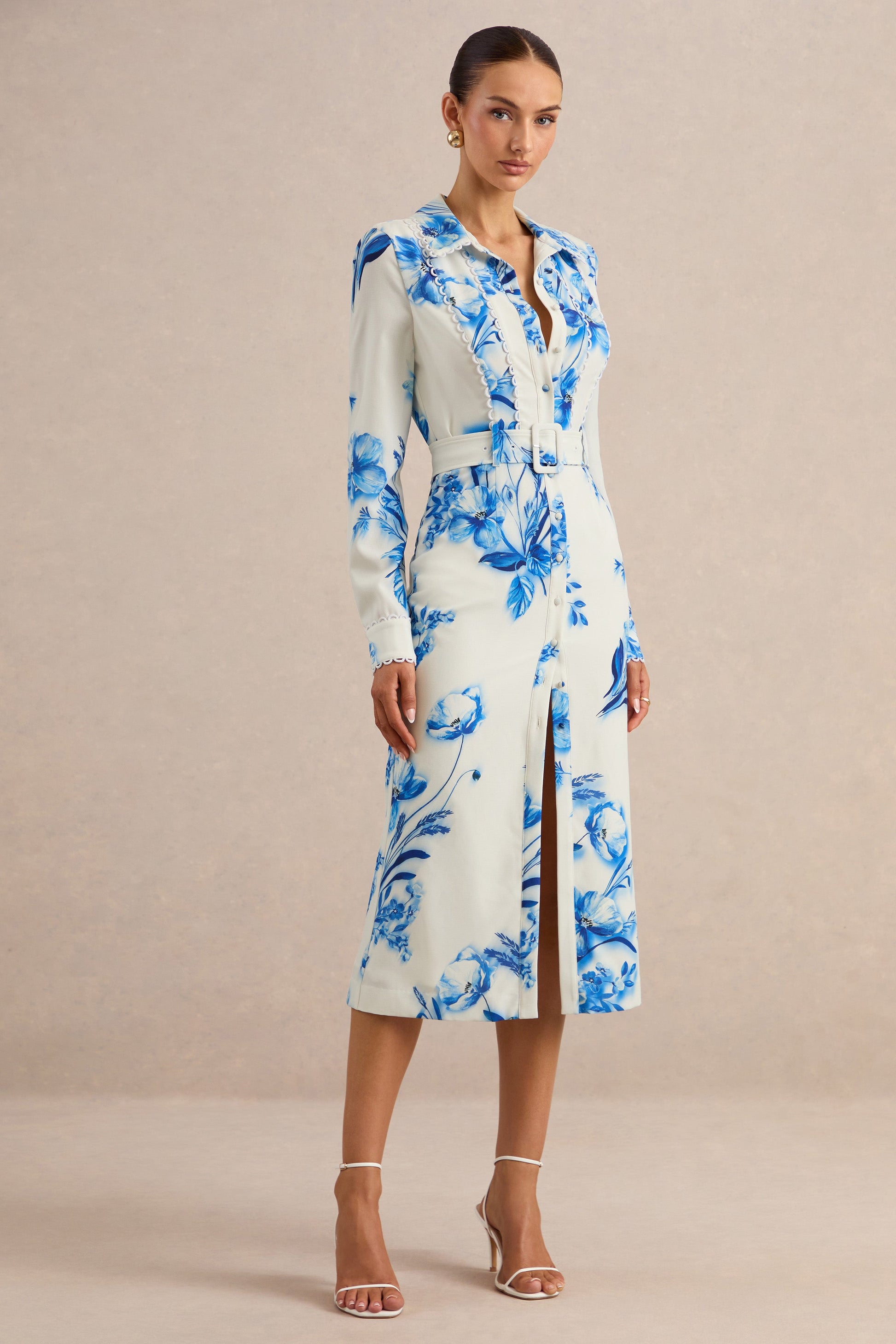 Zephy | Blue Floral Print Belted Shirt Midi Dress