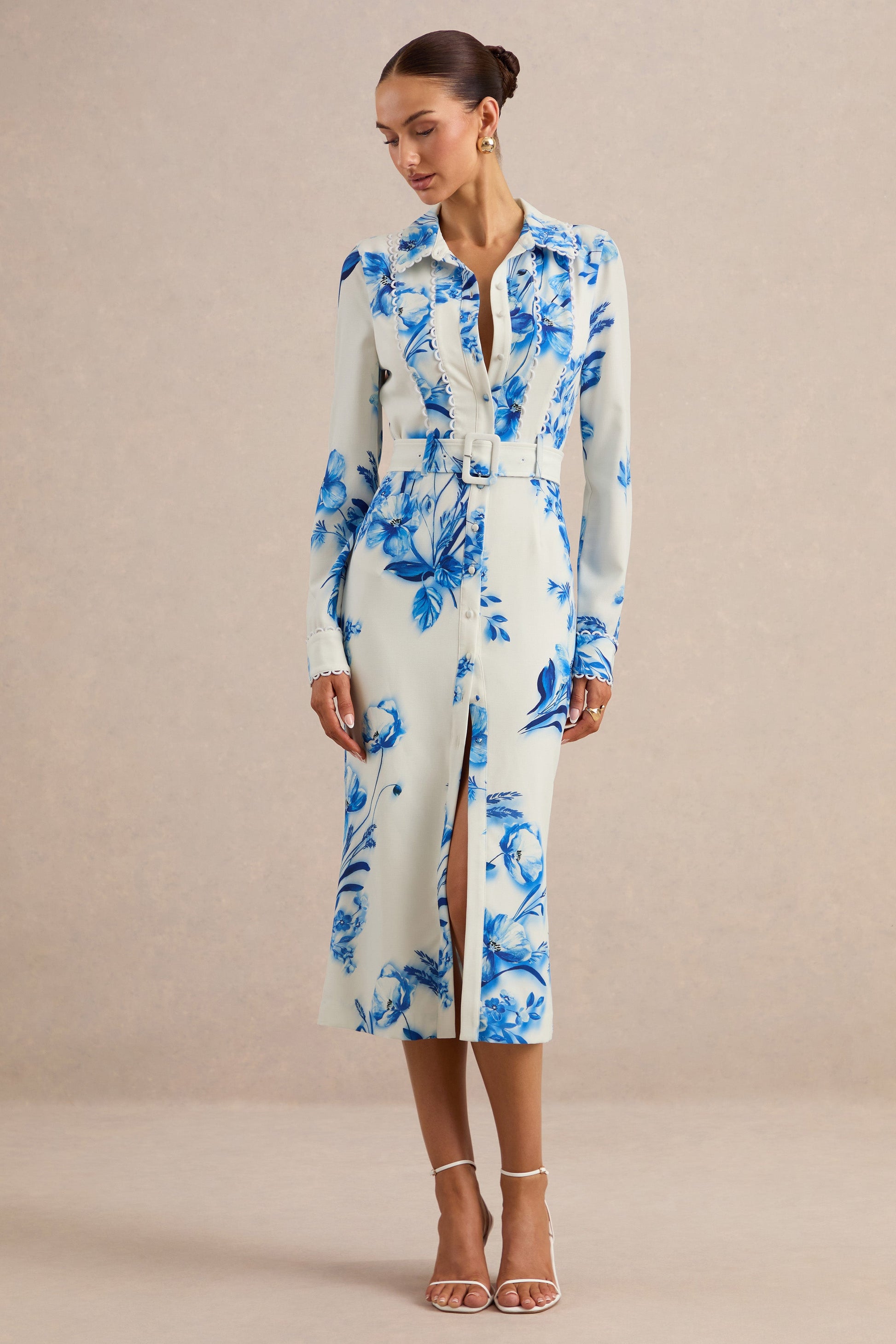 Zephy | Blue Floral Print Belted Shirt Midi Dress