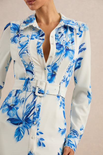 Zephy | Blue Floral Print Belted Shirt Midi Dress