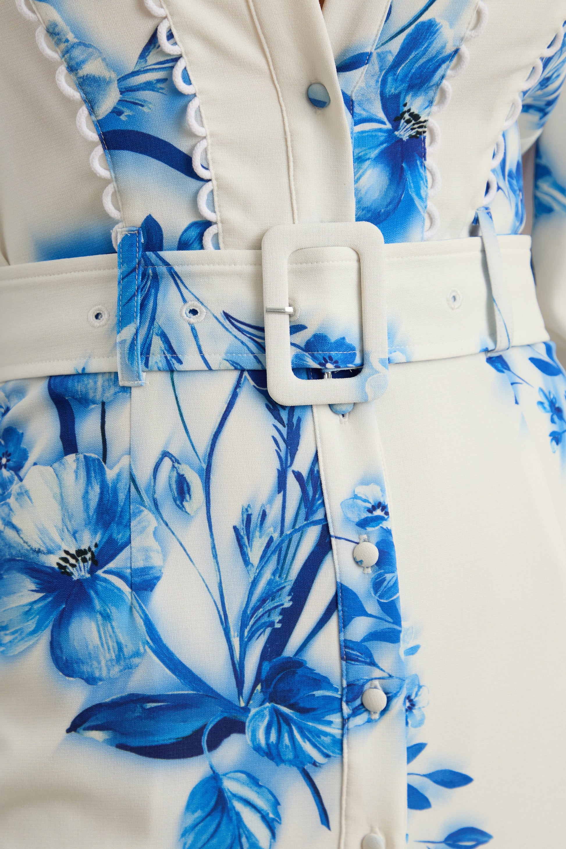 Zephy | Blue Floral Print Belted Shirt Midi Dress
