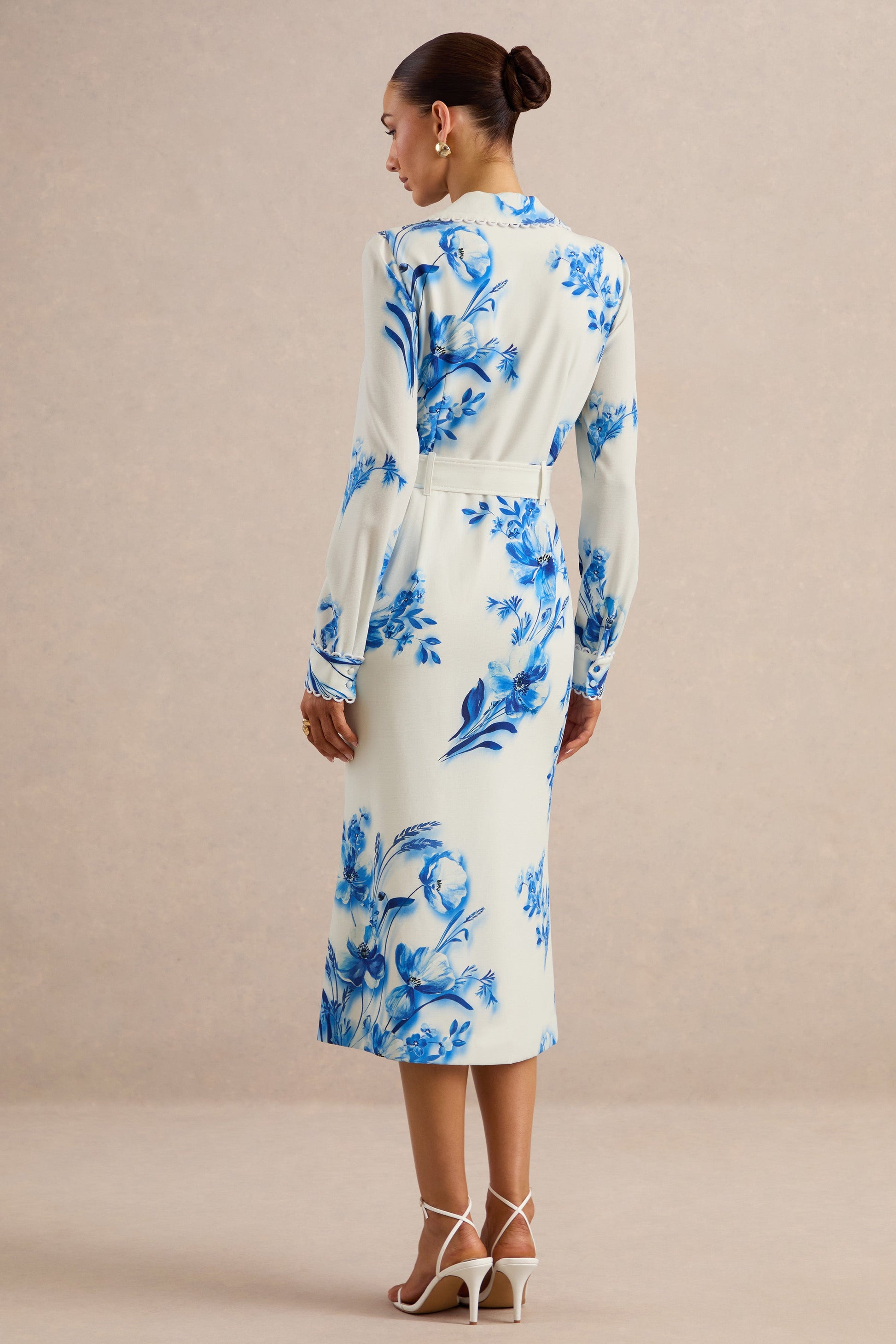 Zephy | Blue Floral Print Belted Shirt Midi Dress