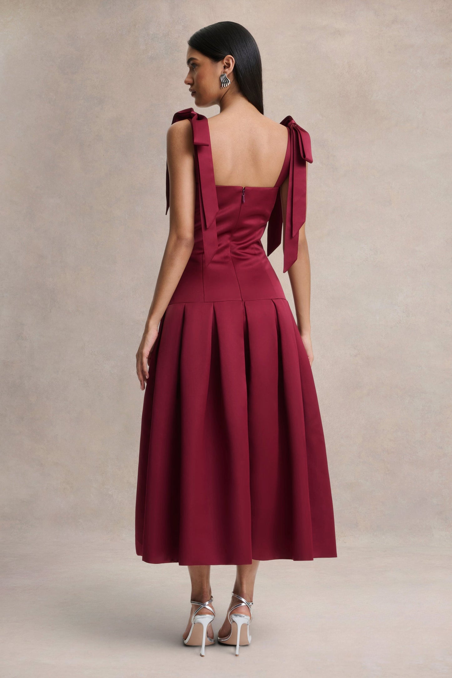 Alberta | Burgundy Satin Square-Neck Midi Dress With Bow Straps